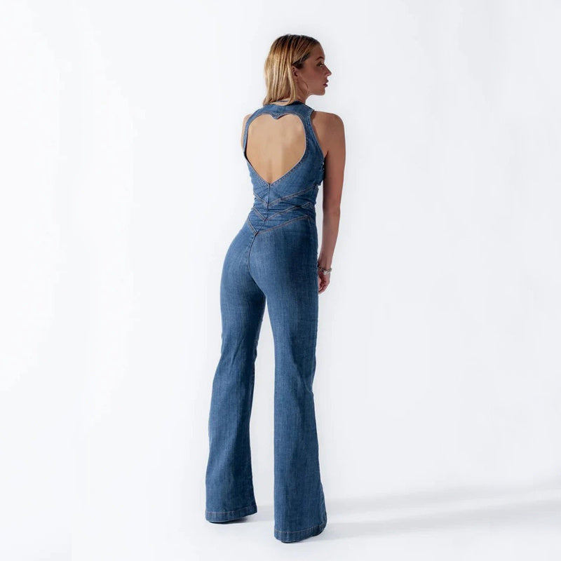 Denim jumpsuit met hartvormige uitsparing – een stretch damesmode-eendelige set