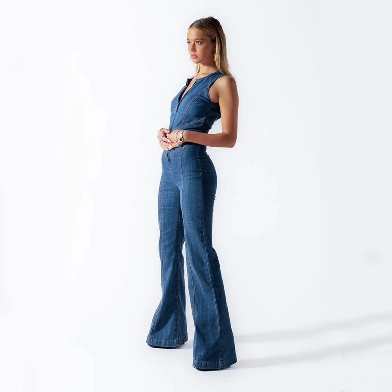 Denim jumpsuit met hartvormige uitsparing – een stretch damesmode-eendelige set