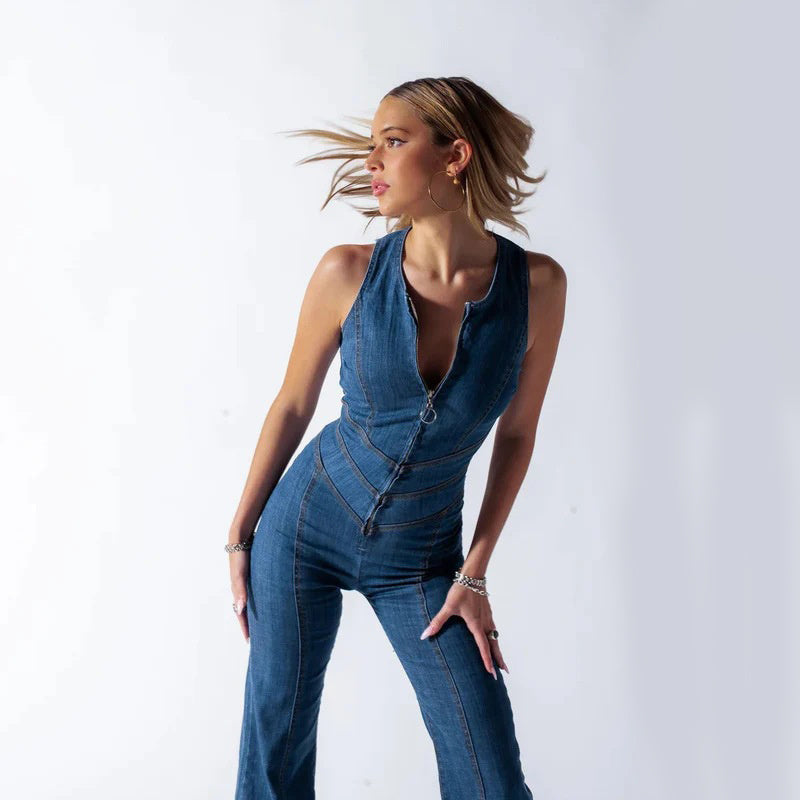 Denim jumpsuit met hartvormige uitsparing – een stretch damesmode-eendelige set