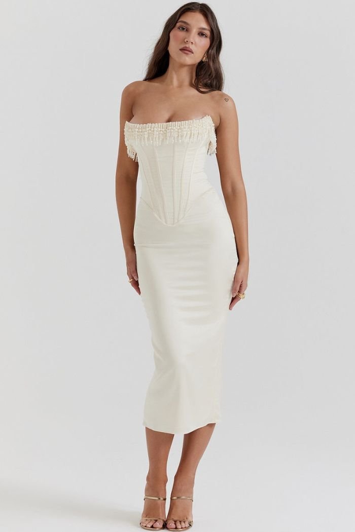 Sharlene | Strapless jurk met parelversiering van stretchsatijn 2