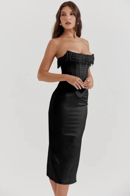 Sharlene | Strapless jurk met parelversiering van stretchsatijn 8