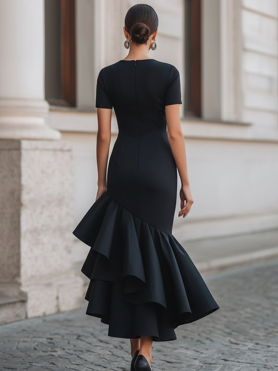 Strakke Midi-Jurk Met Asymmetrische Ruffles | Navando 