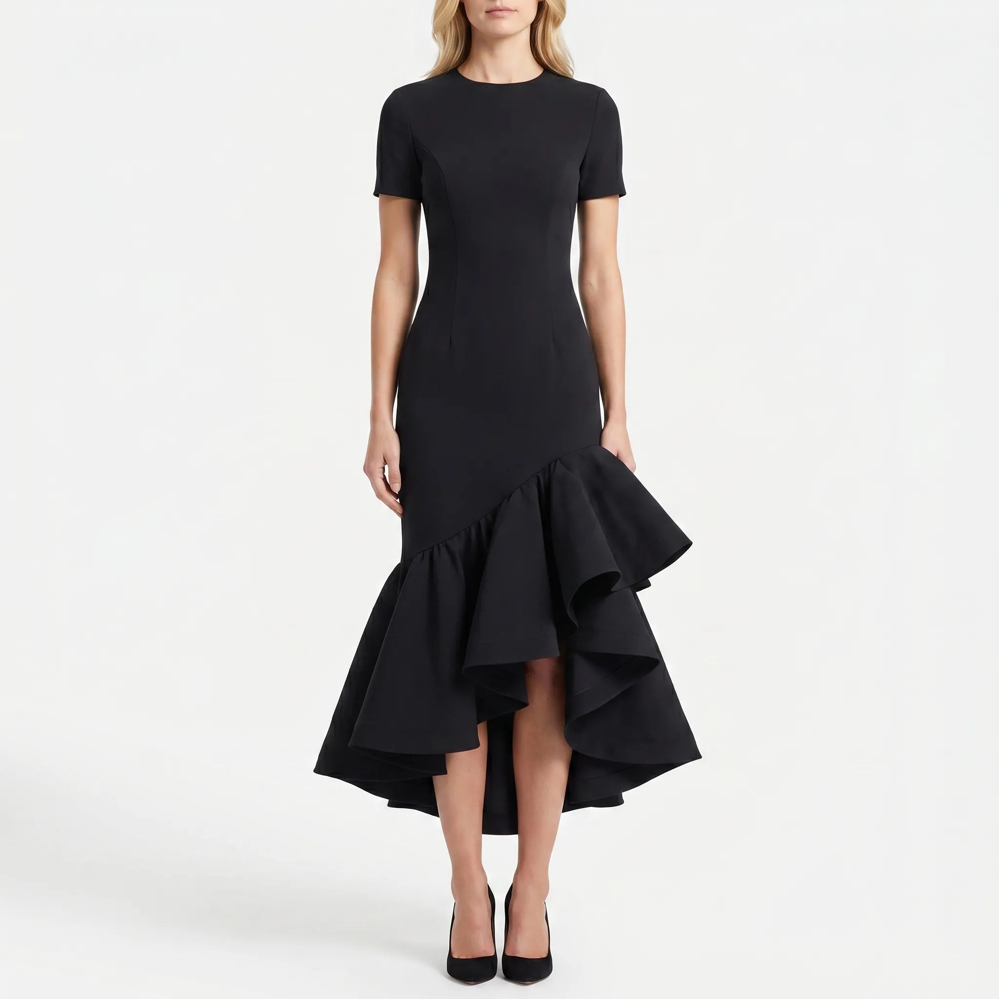 Strakke Midi-Jurk Met Asymmetrische Ruffles | Navando 