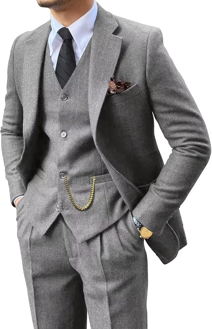 Vintage | Slim-fit tweedpak met visgraatmotief 11