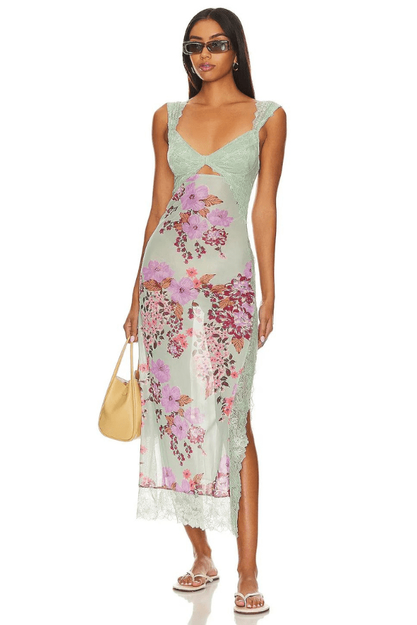 Vivienne | Bloemenprint lange damesjurk met kantaccenten 10
