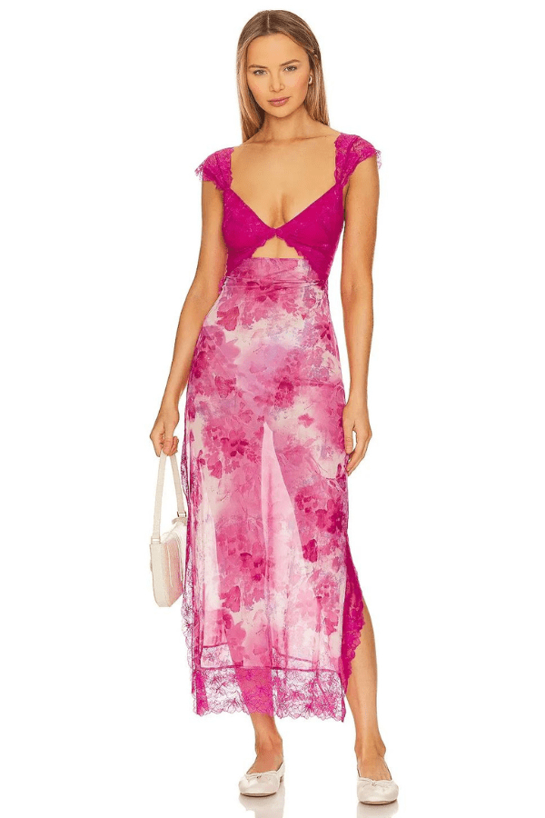 Vivienne | Bloemenprint lange damesjurk met kantaccenten 13