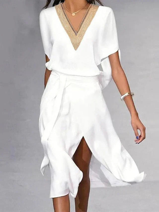 Witte Midi-Jurk Met V-Hals | Navando 