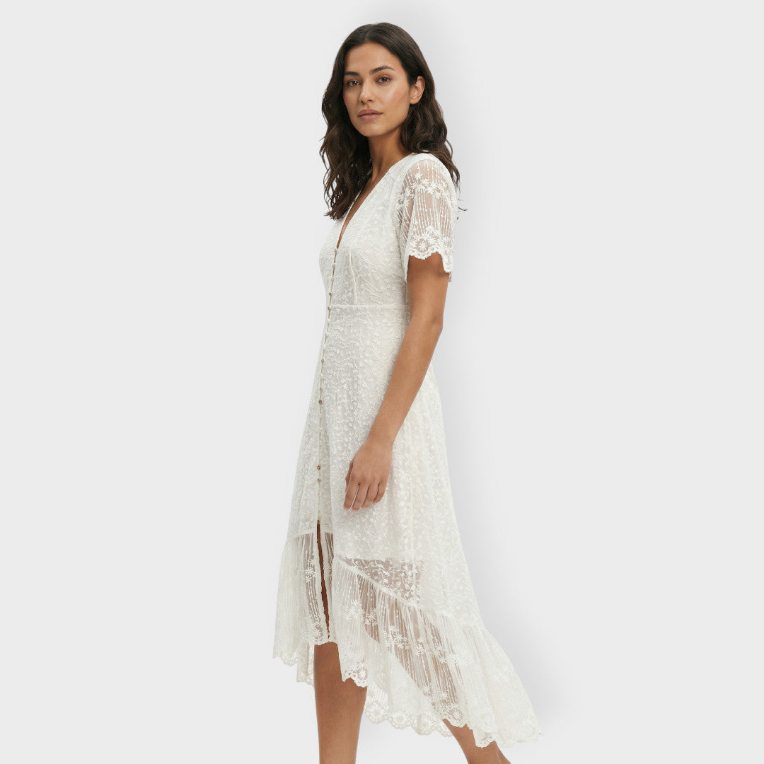 Witte jurk | V-hals, kanten accenten, vloeiend silhouet 0