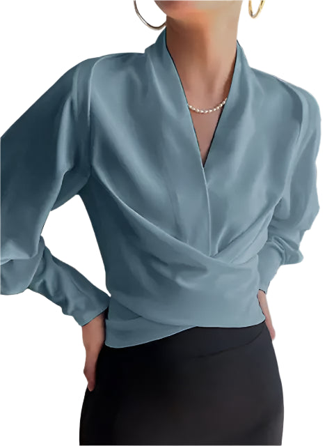 Blouse met V-hals en pofmouwen – Romantische top met taille-ac-centrering voor dames
