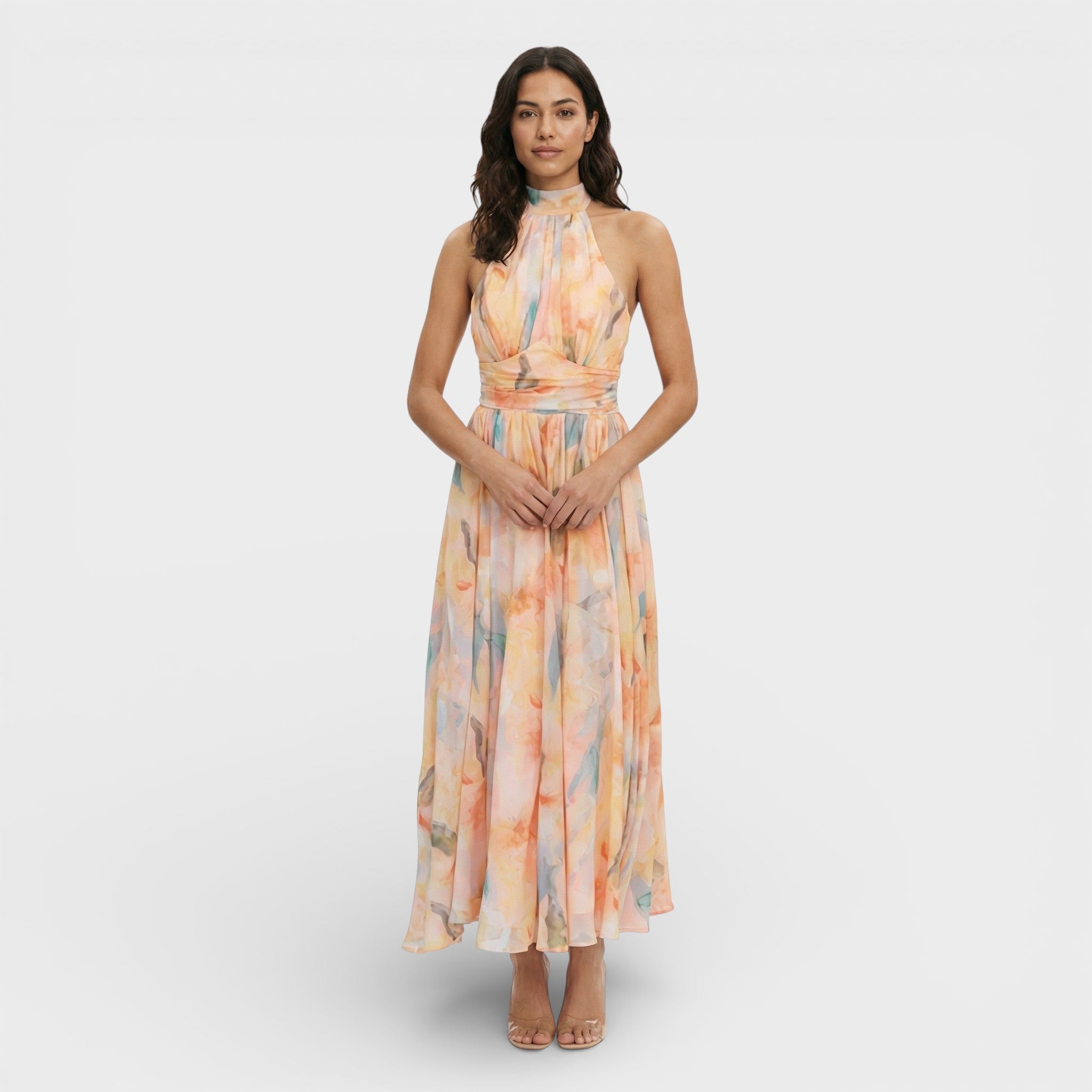 Zoviska | Aquarelprint maxi jurk met halterhals 0