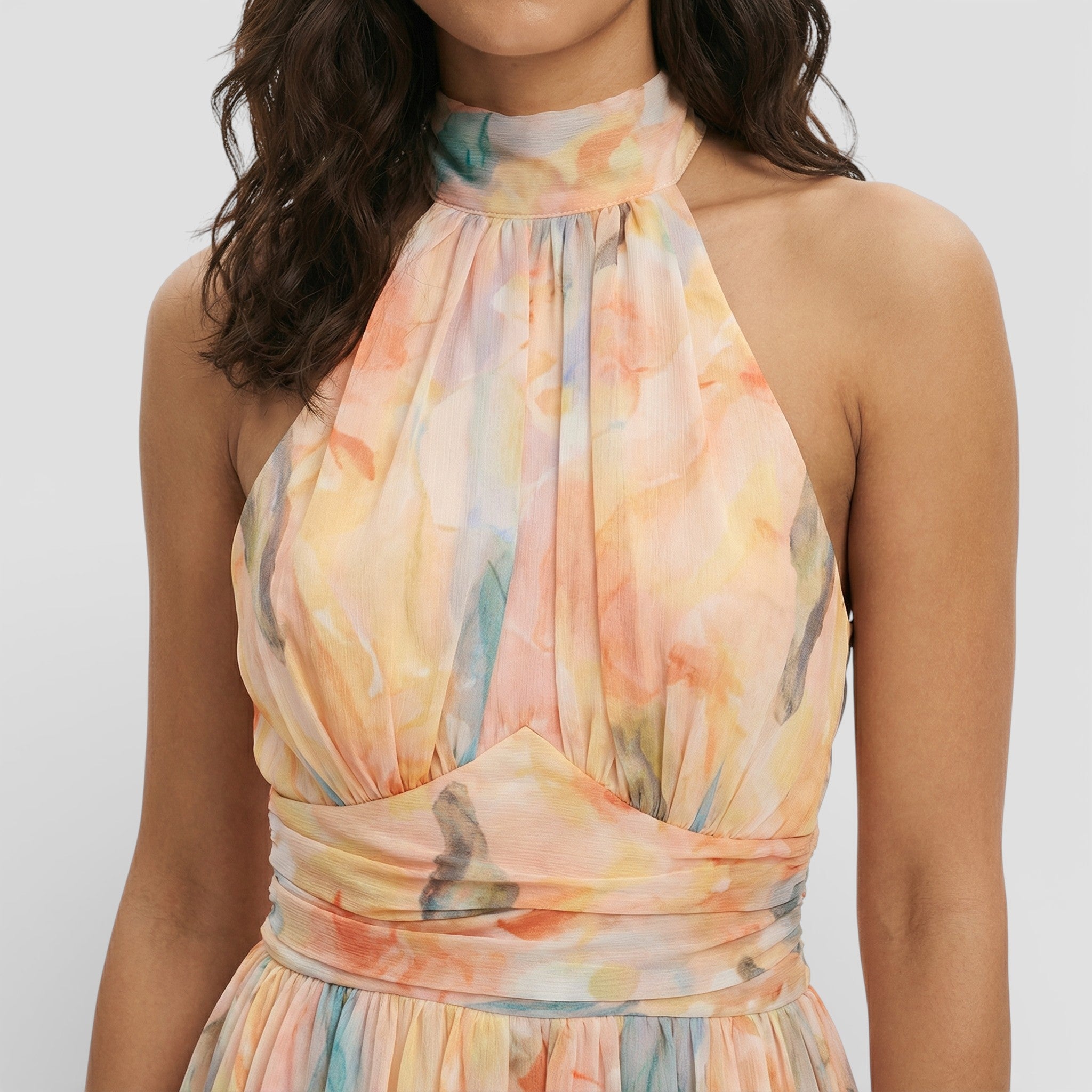 Zoviska | Aquarelprint maxi jurk met halterhals 4