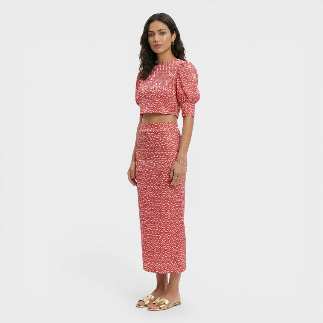 Zoviska | Geometrische print tweedelige set met pofmouwen 2