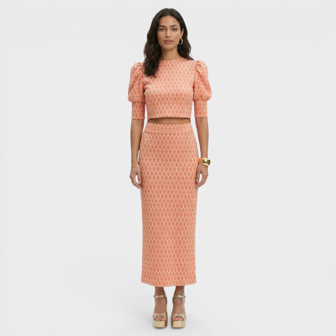 Zoviska | Geometrische print tweedelige set met pofmouwen 4