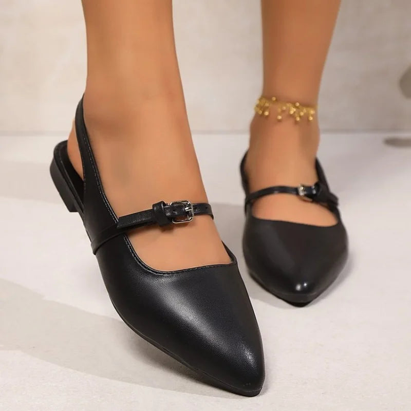 Zwarte Platte Slingback Met Spitse Neus | Navando 