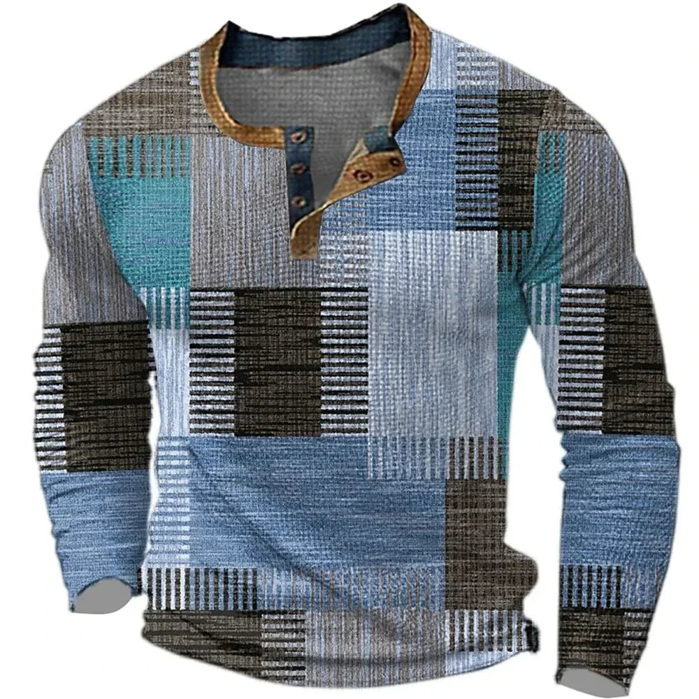 Adriaan | Henley longsleeve voor heren met colourblock print - Blauw