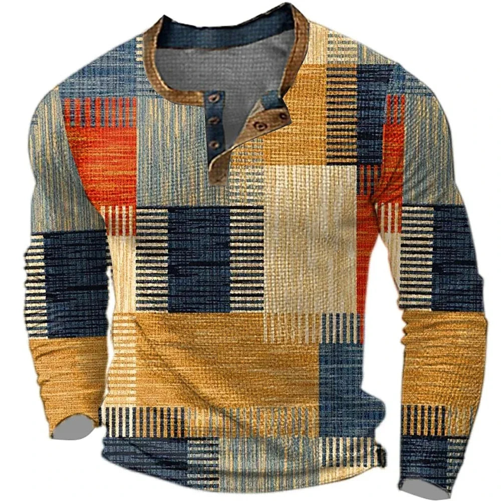 Adriaan | Henley longsleeve voor heren met colourblock print - Bruin