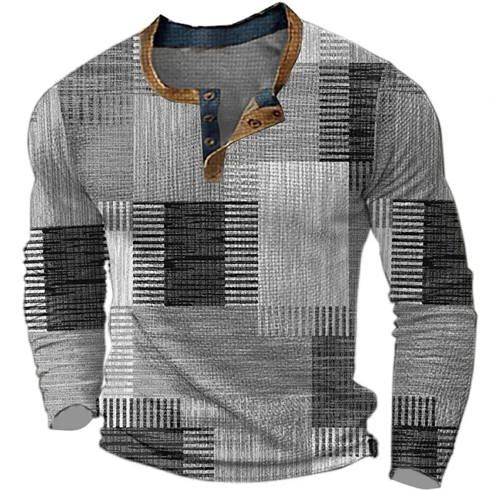 Adriaan | Henley longsleeve voor heren met colourblock print - Grijs