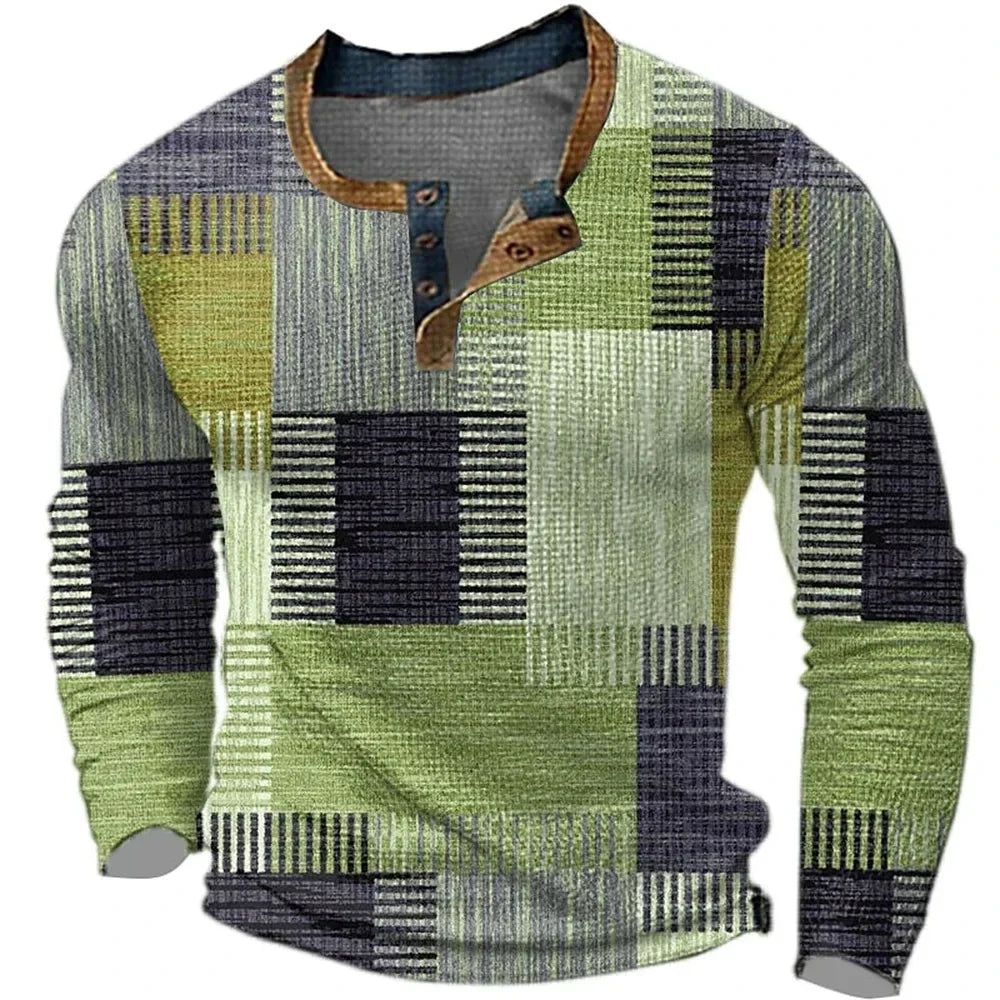 Adriaan | Henley longsleeve voor heren met colourblock print - Groen