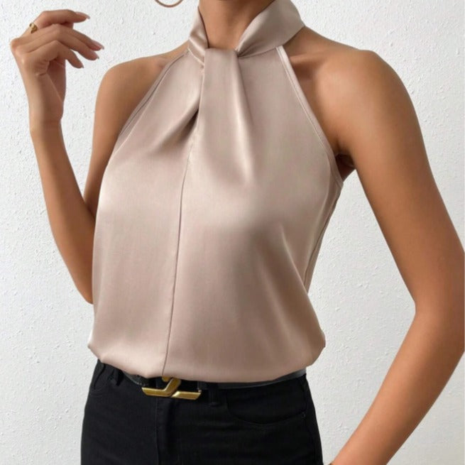 Aline | Satijnen halter topje voor dames - Lichtbruin