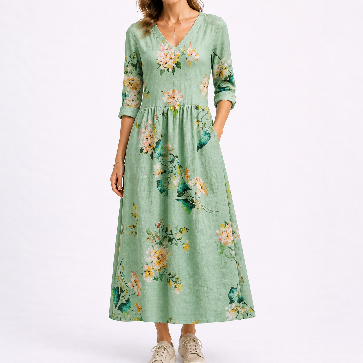 Amber | Midi jurk voor dames met bloemenprint - Groen