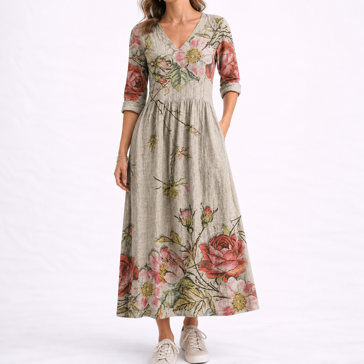 Amber | Midi jurk voor dames met bloemenprint - Krijt