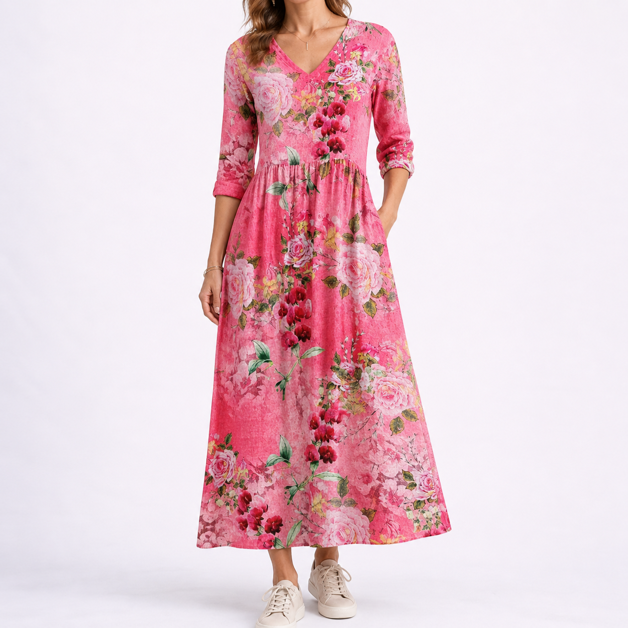 Amber | Midi jurk voor dames met bloemenprint - Rood