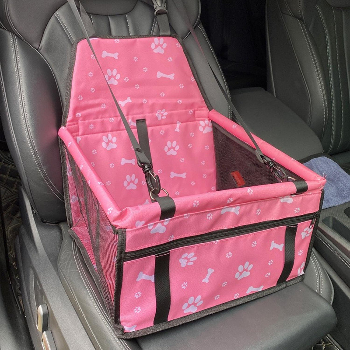 Bas | Verhoogde hondenautostoel - Roze botjes en pootjes