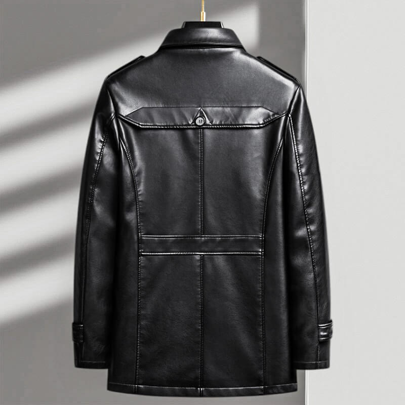 Veste en cuir écologique classique mi-longue pour hommes – doublure à carreaux