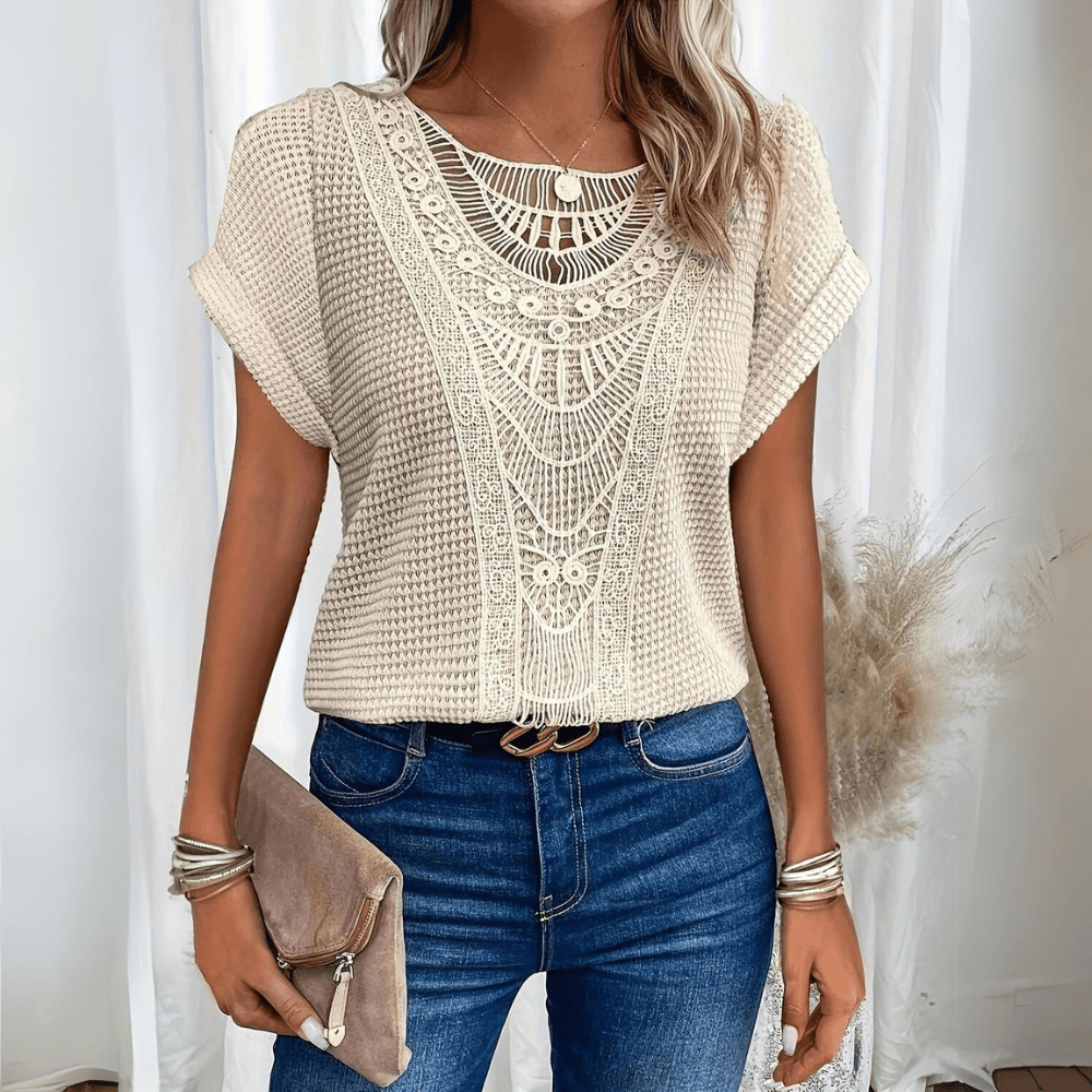 Bente | Kanten top voor dames met korte mouw - Beige