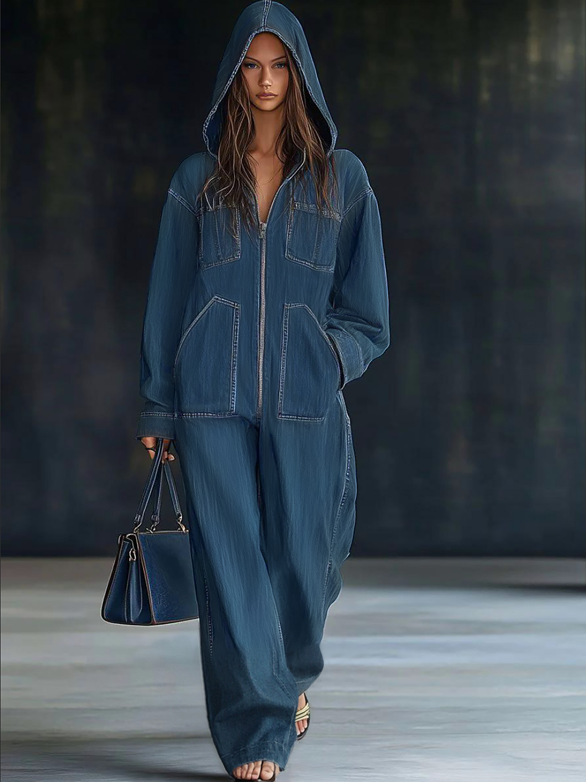 Bregje | Spijker jumpsuit dames met capuchon - Blauw