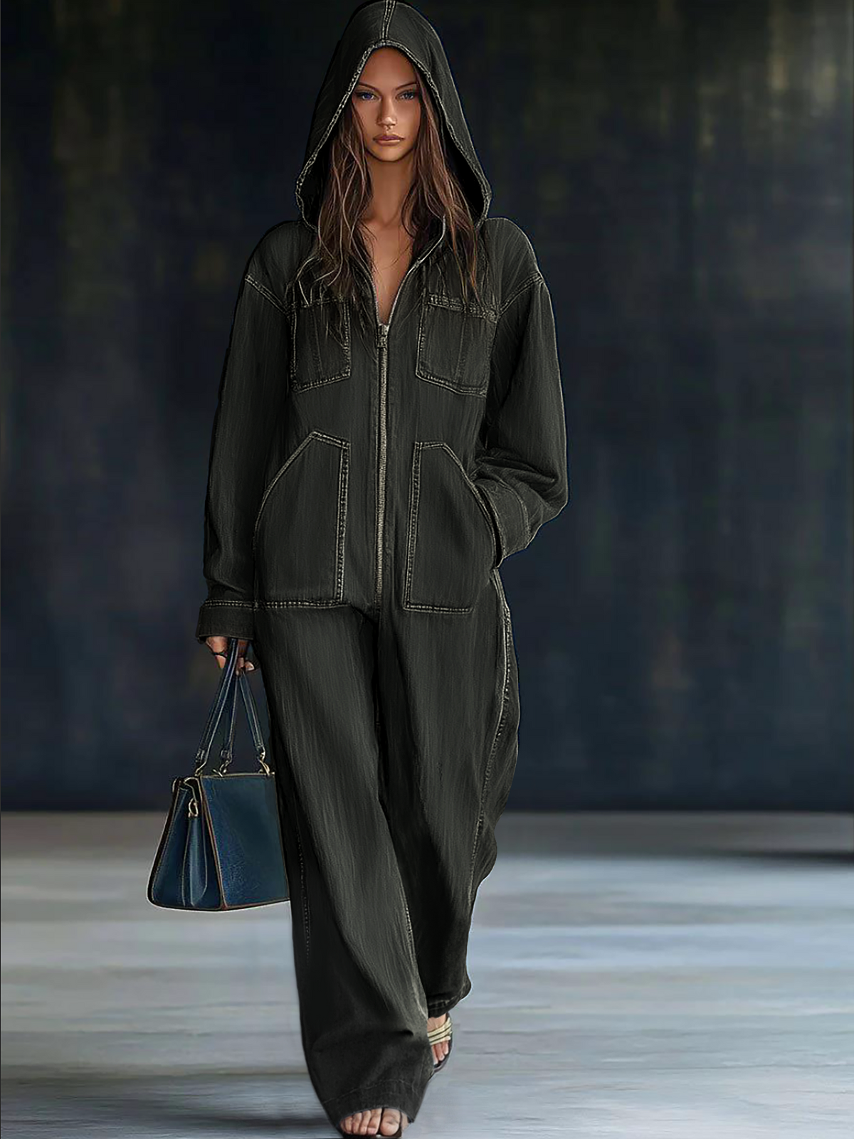 Bregje | Spijker jumpsuit dames met capuchon - Zwart