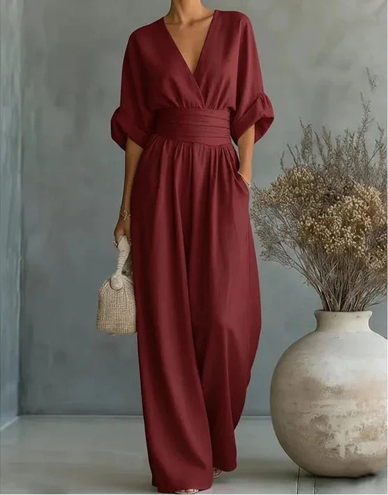 Bregje | Wijde jumpsuit voor dames met V-hals - Bordeaux