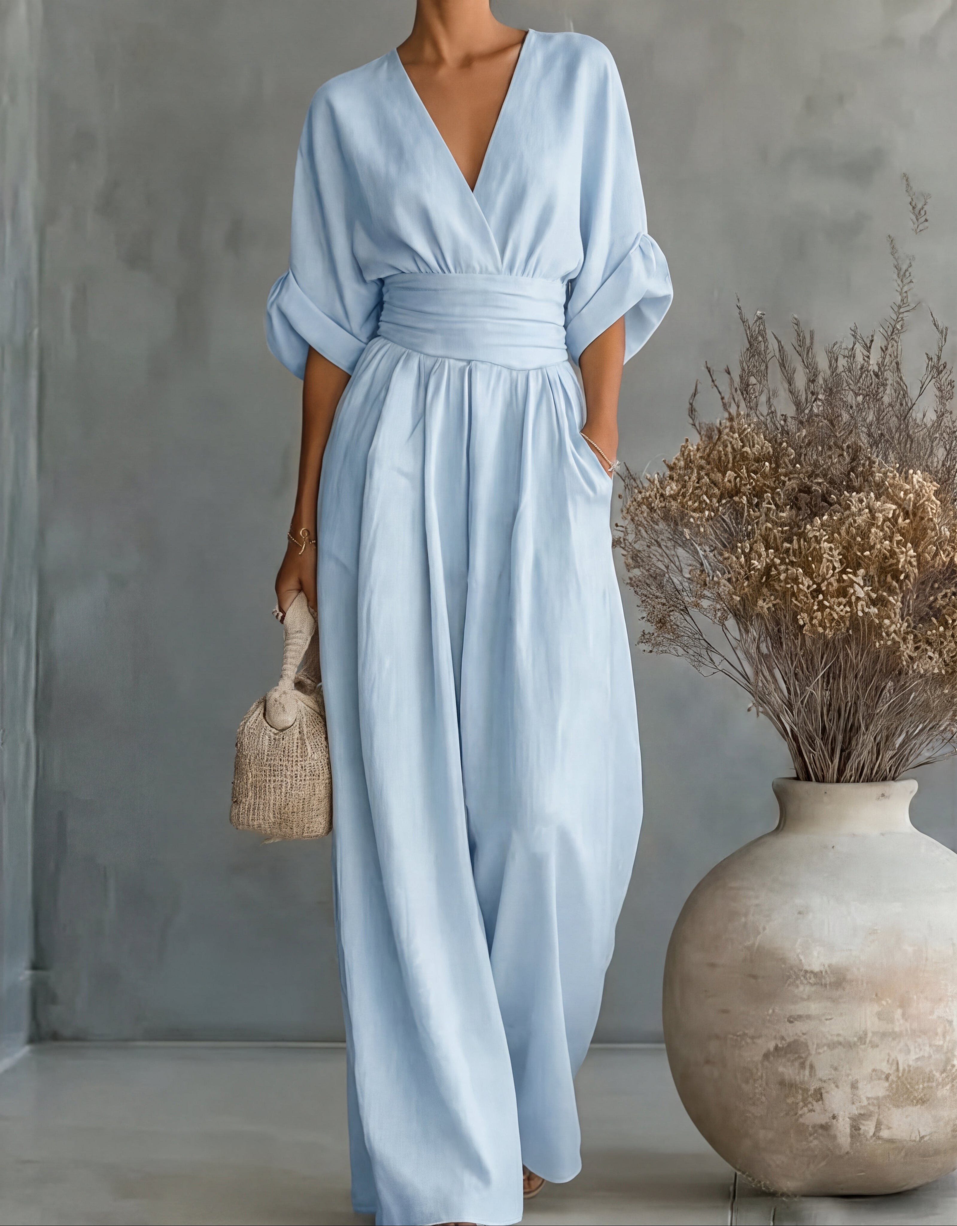 Bregje | Wijde jumpsuit voor dames met V-hals - Hemelsblauw