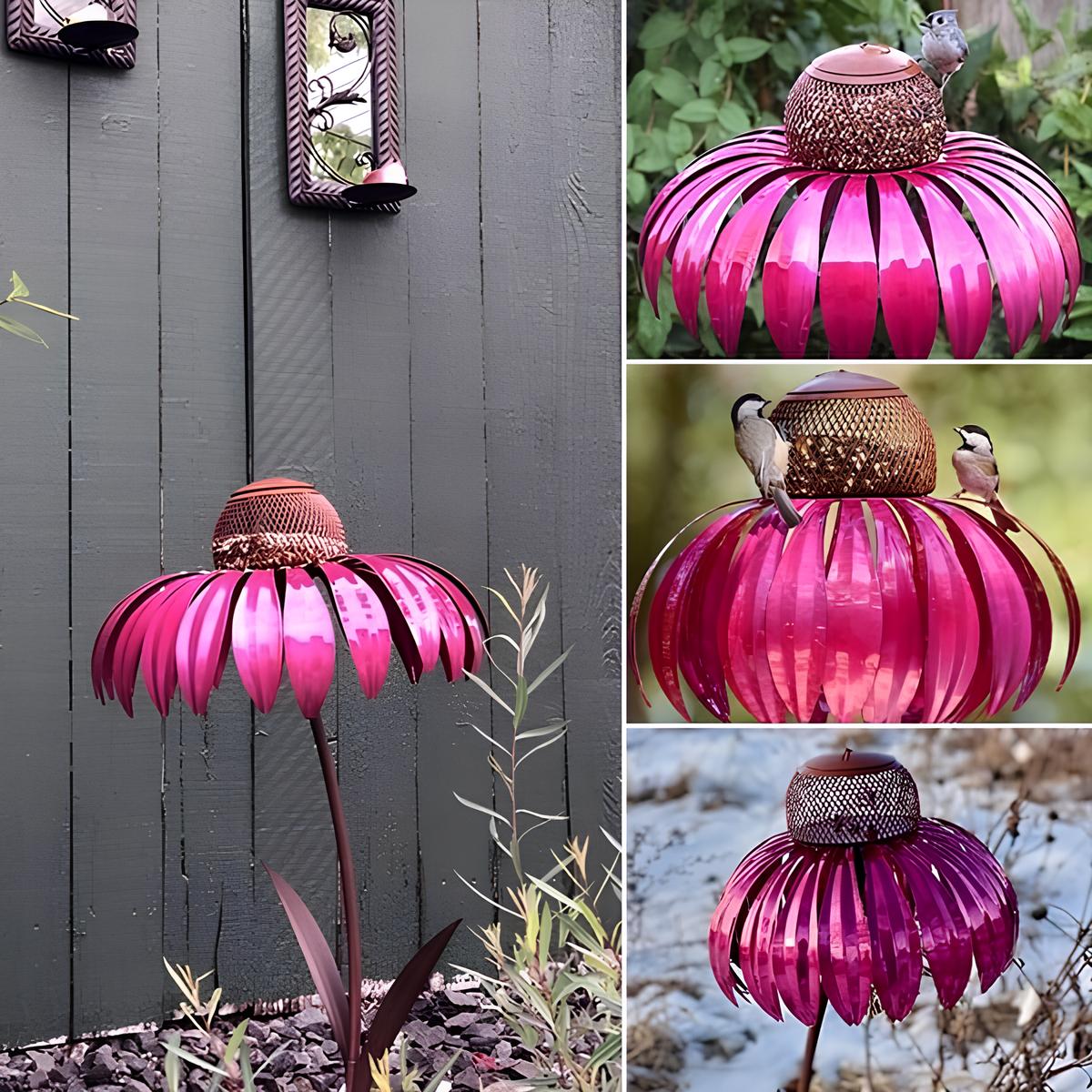 Daniël | Metalen vogelvoederhuisje op voet met bloemdesign - view 4