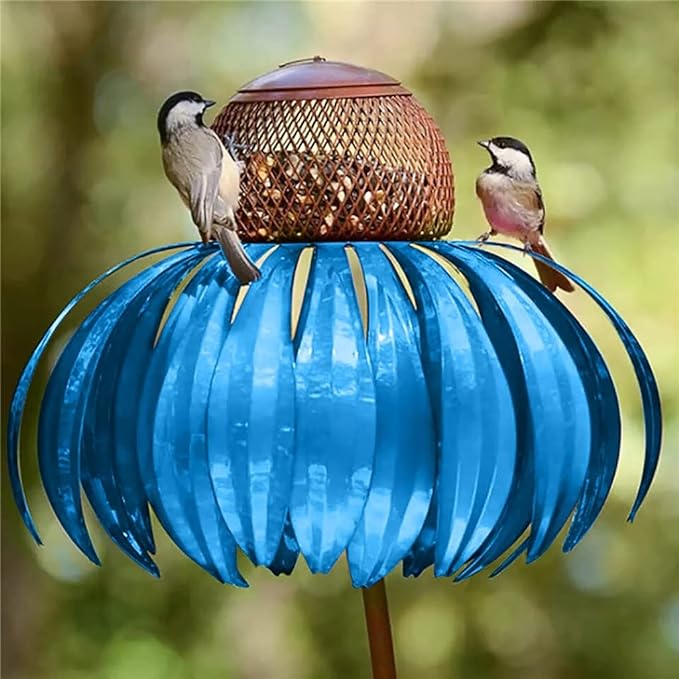Daniël | Metalen vogelvoederhuisje op voet met bloemdesign - Blauw