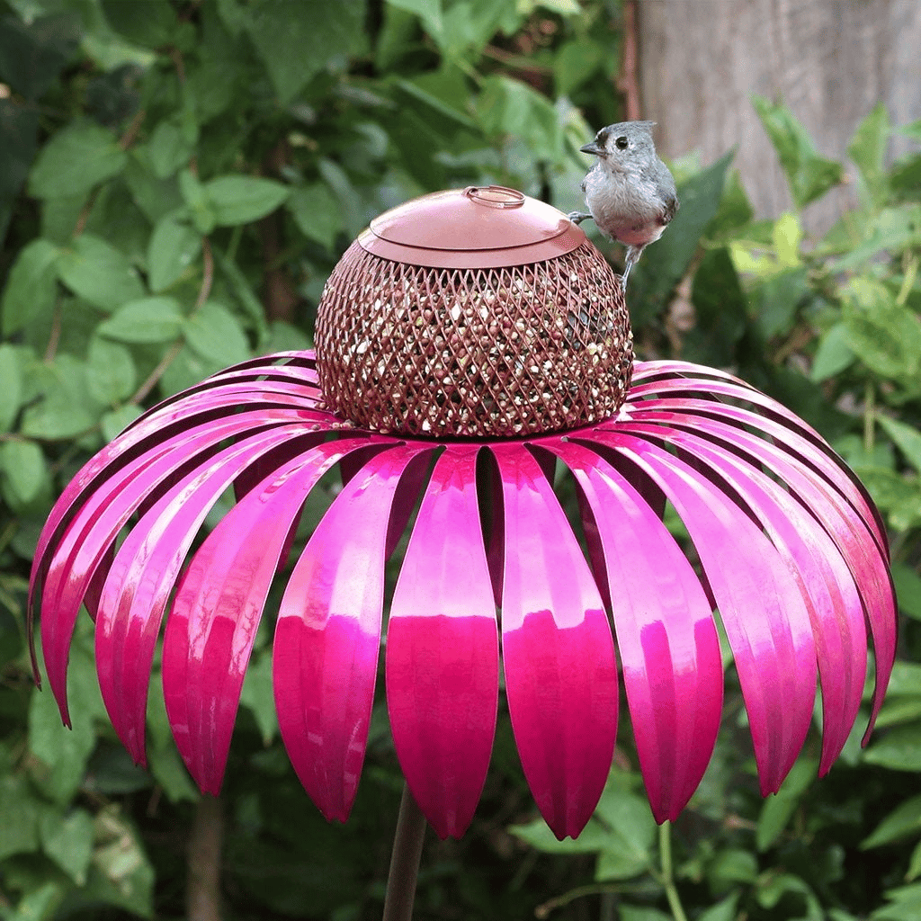 Daniël | Metalen vogelvoederhuisje op voet met bloemdesign - Roze