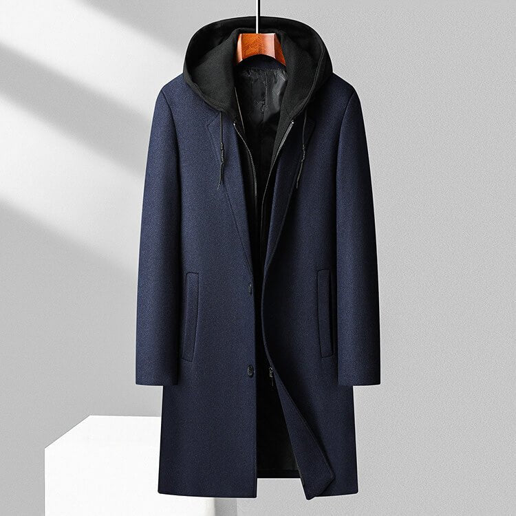 Dennis | Lange wollen winterjas met capuchon voor heren - Marineblauw