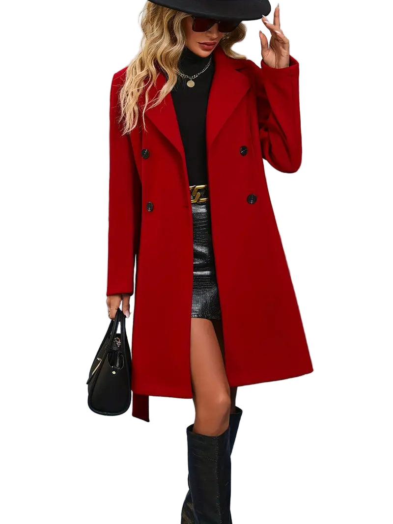 Lange trenchcoat met dubbele rij knopen en riem – Stijlvolle dameskleding