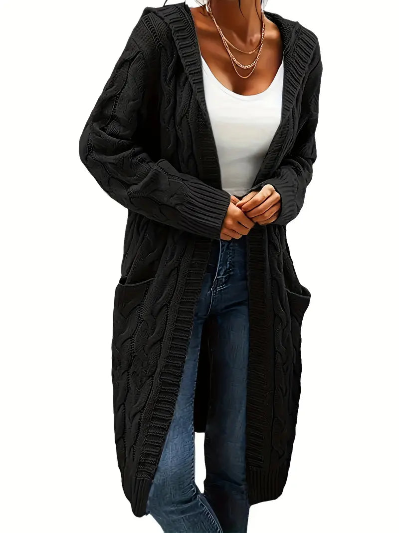 IQYU Gebreid vest voor dames, grof gebreid, warm - lang gebreid jack met knopen en capuchon, gebreide cardigan lange mouwen, grote maten, lange jas, lange gebreide jas, sweaterjas, grijs, XXL