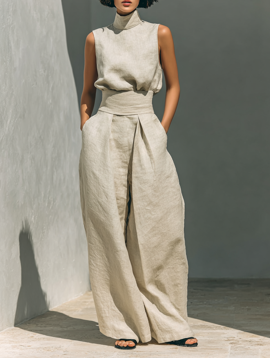 Eline | Mouwloze jumpsuit van katoen en linnen - Kaki