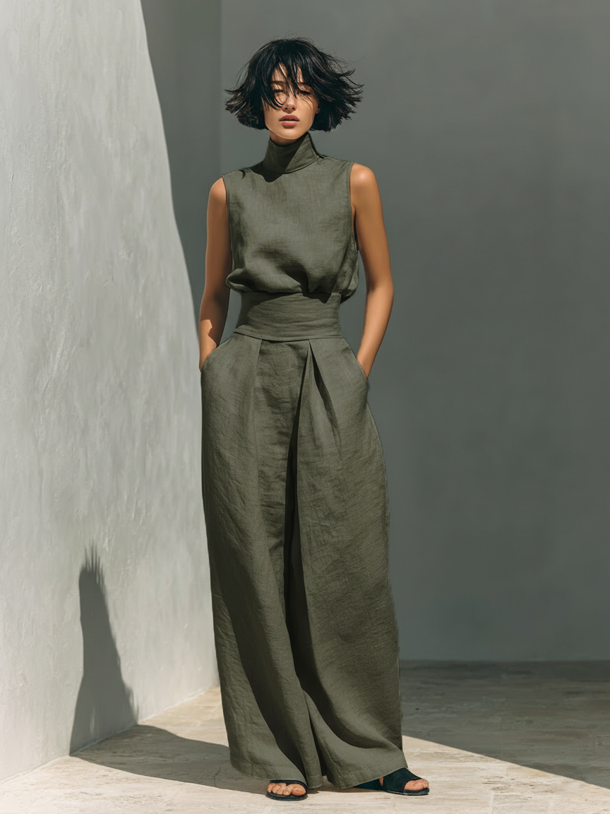 Eline | Mouwloze jumpsuit van katoen en linnen - Legergroen
