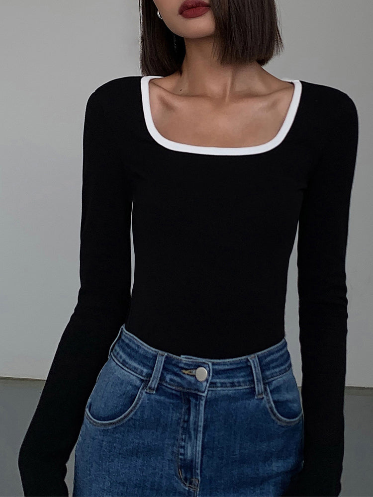 Elisa | Longsleeve dames met vierkante hals - Zwart