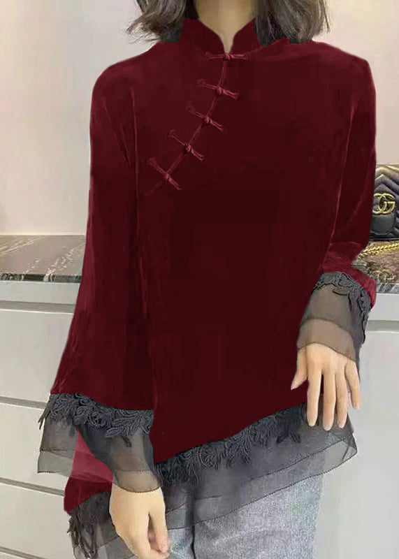 Elske | Fluwelen blouse met opstaande kraag - Rood/Verzending binnen 15 dagen