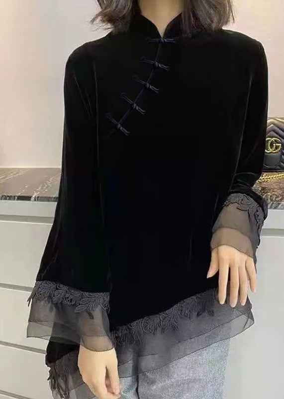 Elske | Fluwelen blouse met opstaande kraag - Zwart