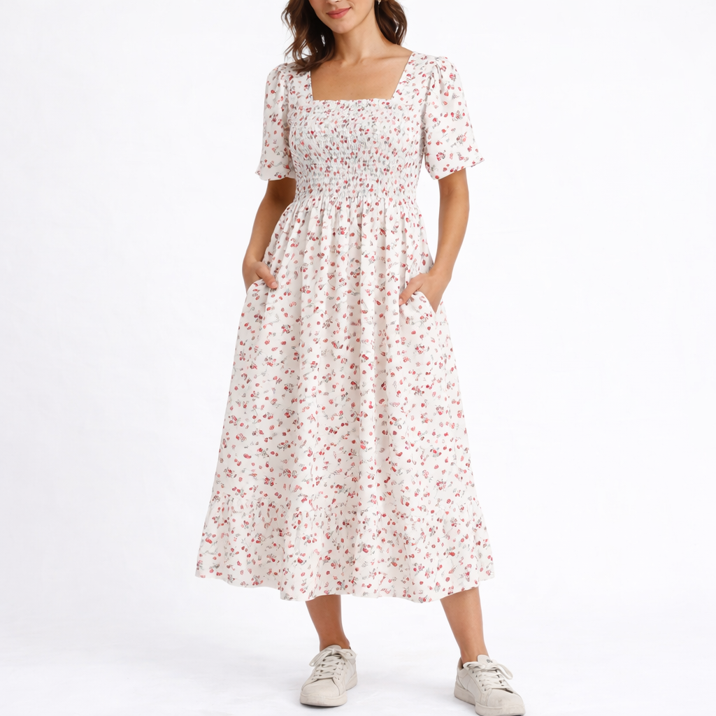 Elske | Midi jurk met bloemen voor dames - Wit