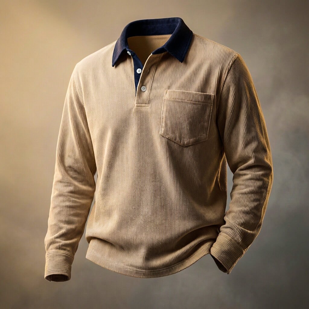 Emiel | Corduroy polo met lange mouw voor heren - Kakibruin