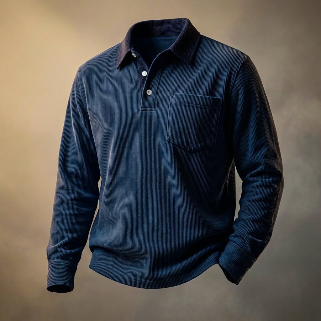 Emiel | Corduroy polo met lange mouw voor heren - Marineblauw