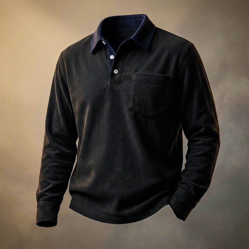 Emiel | Corduroy polo met lange mouw voor heren - Onyx zwart