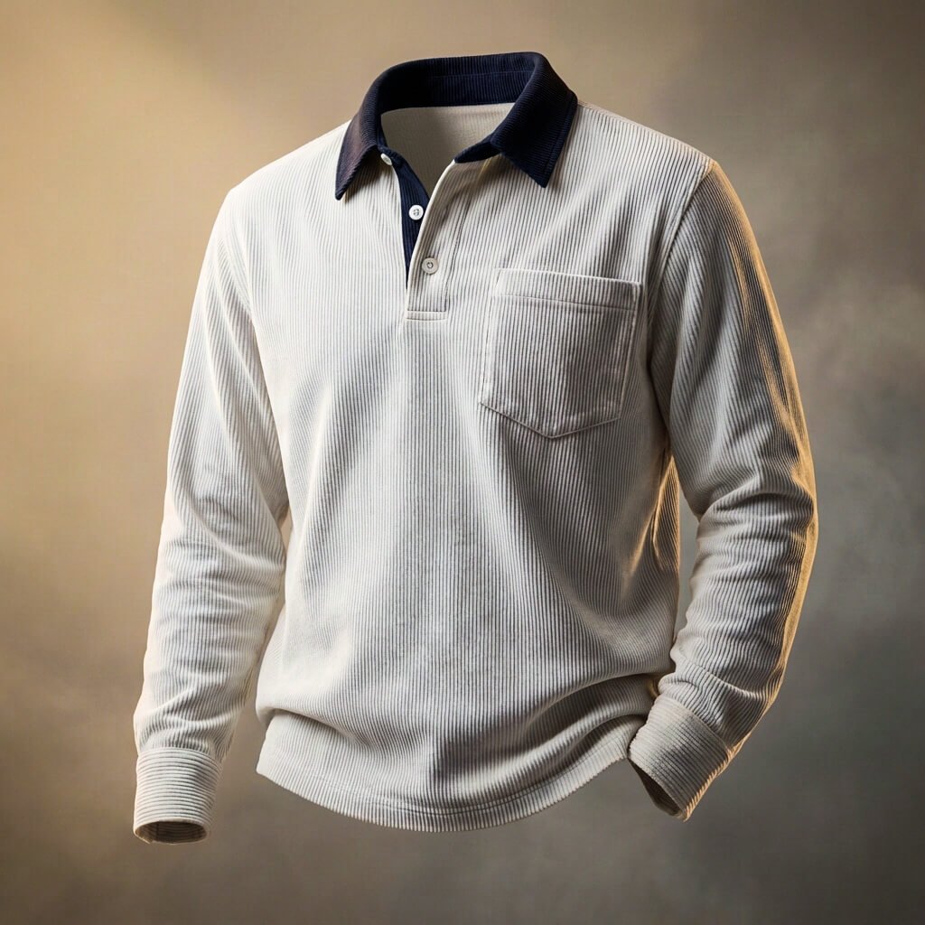 Emiel | Corduroy polo met lange mouw voor heren - Puur wit