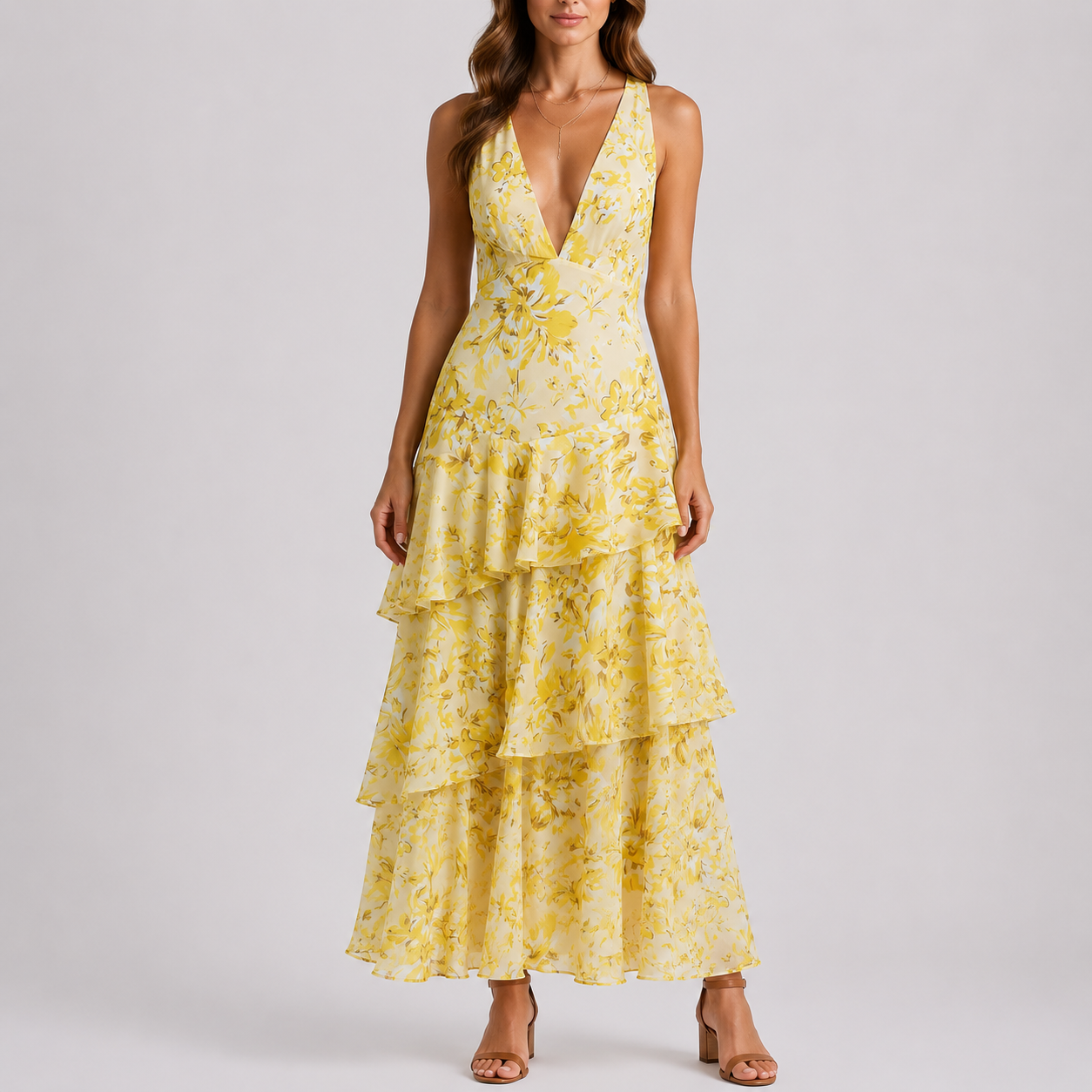Emma | Maxi jurk met bloemen en open rug - Geel